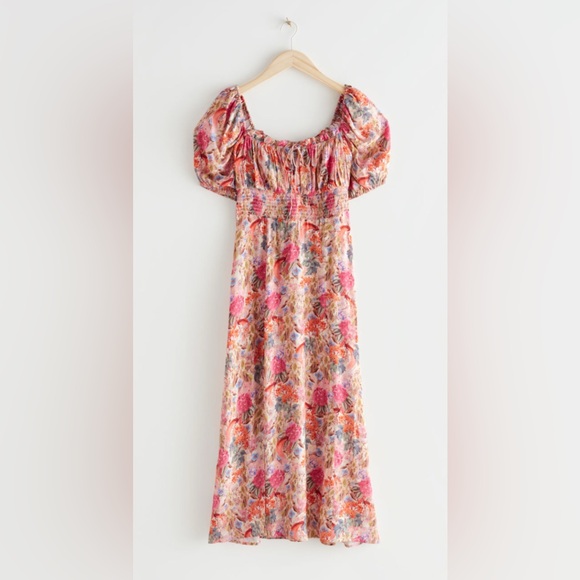& Other Stories Floral Puff Sleeve Smocked Midi Dress Pink Orange Multicolor - Picture 1 of 8